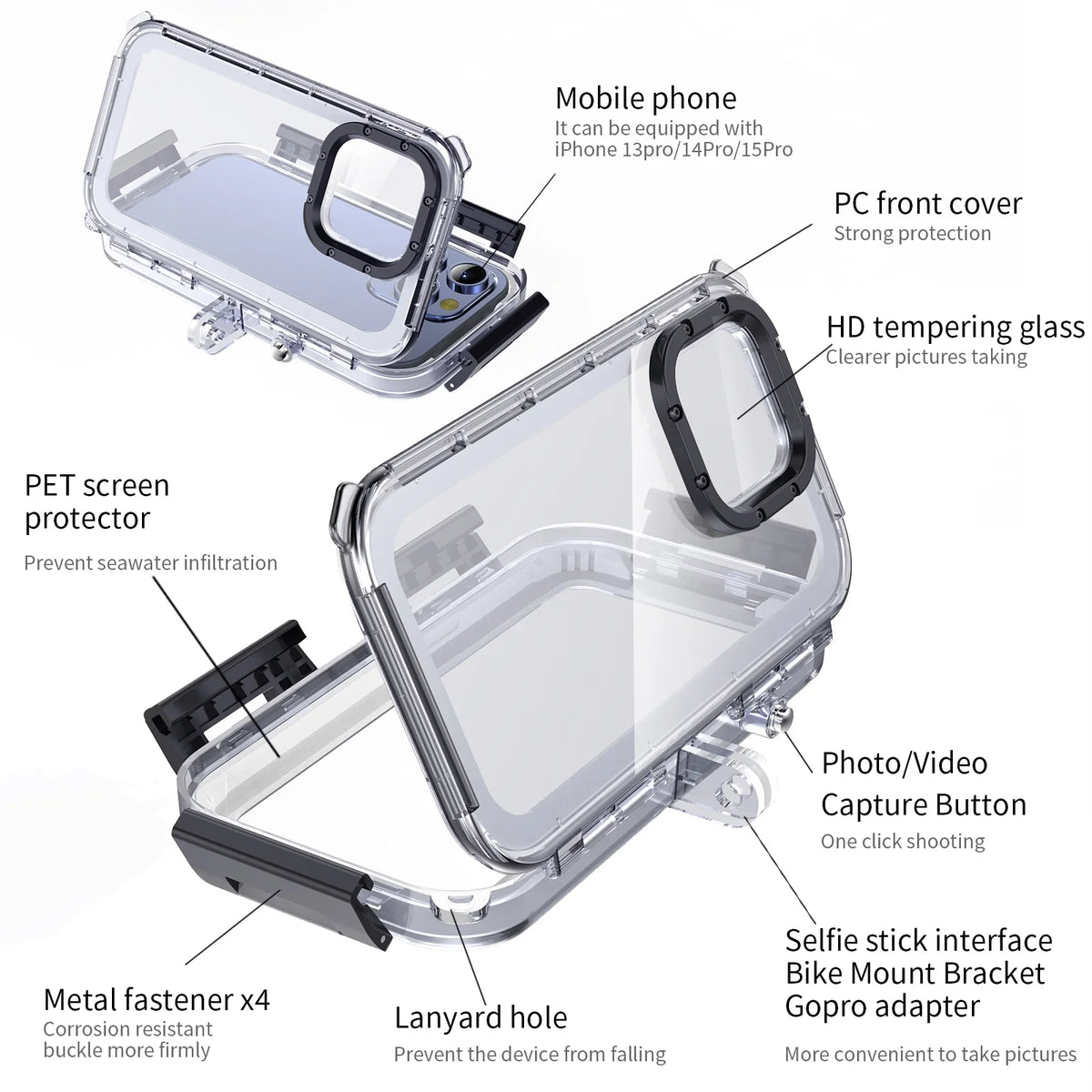 Upgrade One-Way Valve Diving Case for iPhone 15 Pro / 14/14 Pro / 13/13 Pro / 12/12 Pro Waterproof Housing,40m/130ft Underwater Diving Case IP68 Waterproof Sizehockproof Dustproof