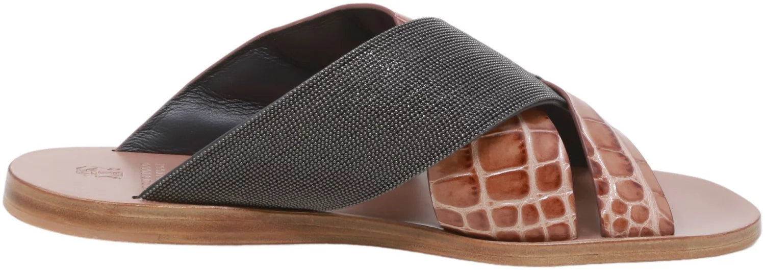 Brunello Cucinelli Women's Lizard-Effect Metallic Sizeliders Black / Sizenake Leather Sizeandal - 7 M