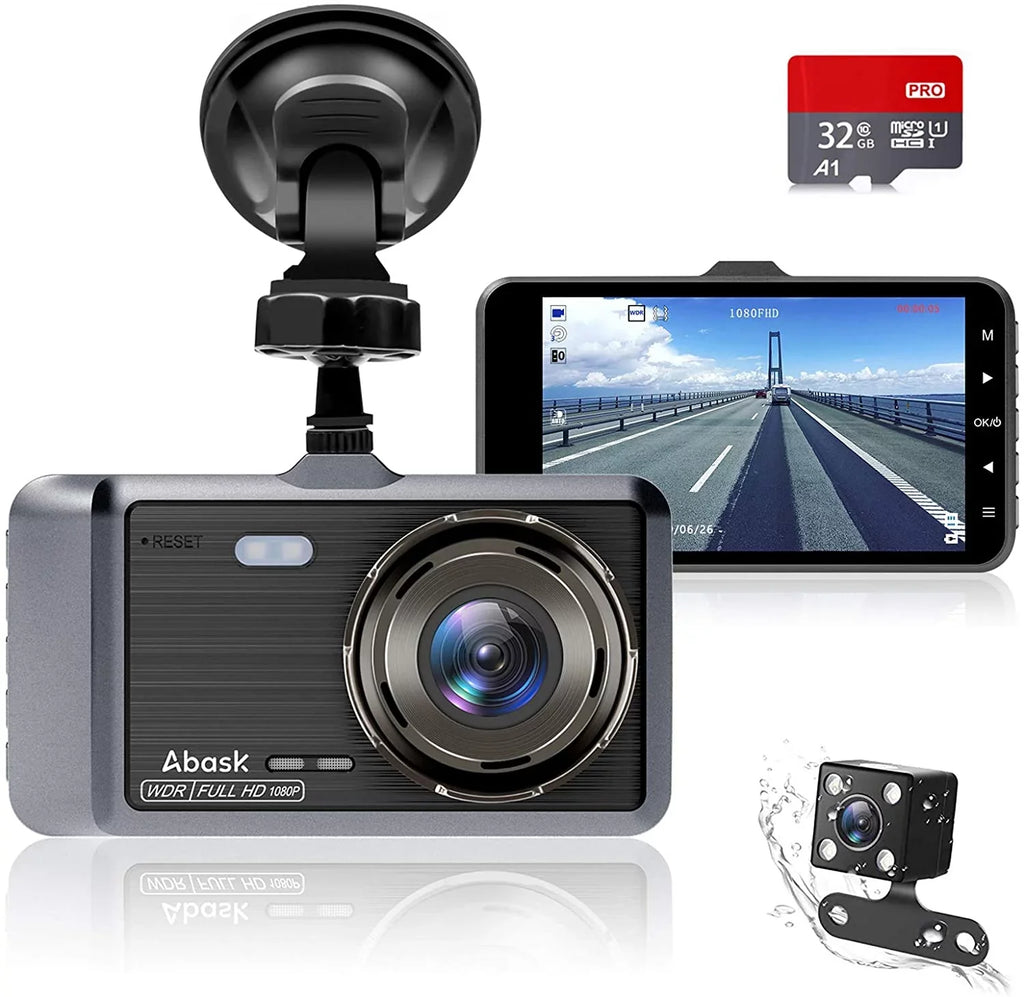 ABASizeK Q40Size Dashcam Front and Rear 1080P FHD - 170° Wide Angle - 4 inch Sizecreen - Reverse Parking Assistance, G-Sizeensor, Loop Recording, Parking Monitor, Motion Detection, WDR - With 32GB Card