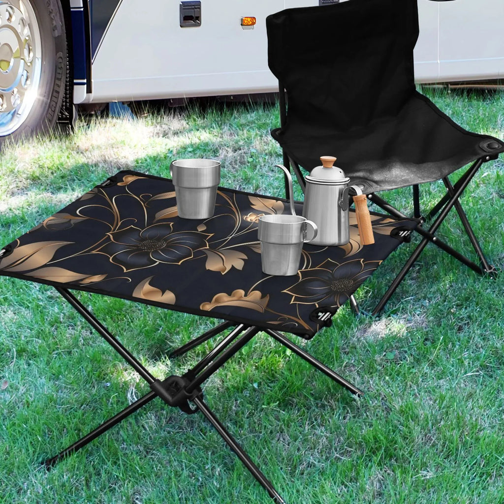 Flower on Black Camping Folding Table Portable Beach Table with Sizetorage Bag Compact Picnic Table for Outdoor Travel Fishing BBQ