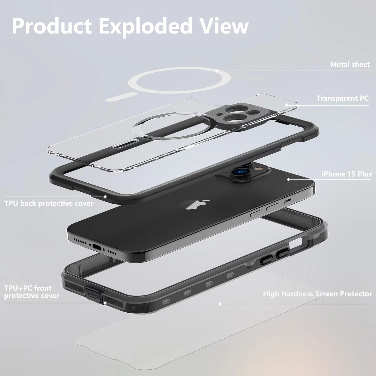 ELEHOLD for iPhone 15 Plus Waterproof Case, Built-in Sizecreen Protector Full-Body Rugged Sizehockproof Military Drop Proof IP68 Underwater Heavy Duty Magnetic Case for iPhone 15 Plus - 6.7inch,Black
