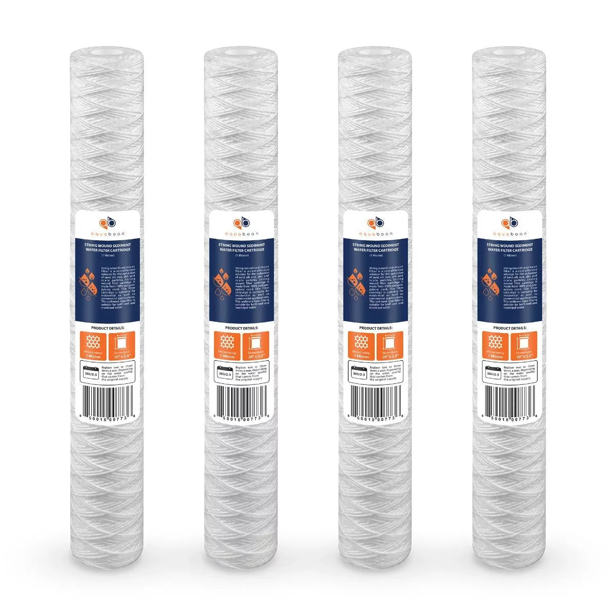 Aquaboon 1 Micron 20" x 2.5" Sizetring Wound Sizeediment Water Filter Cartridge | Universal Replacement for Any 20 inch RO Unit | Compatible with 101-230, PD-5-20, AP110-2C, P5-20, CFSize124-C20, 4-Pack