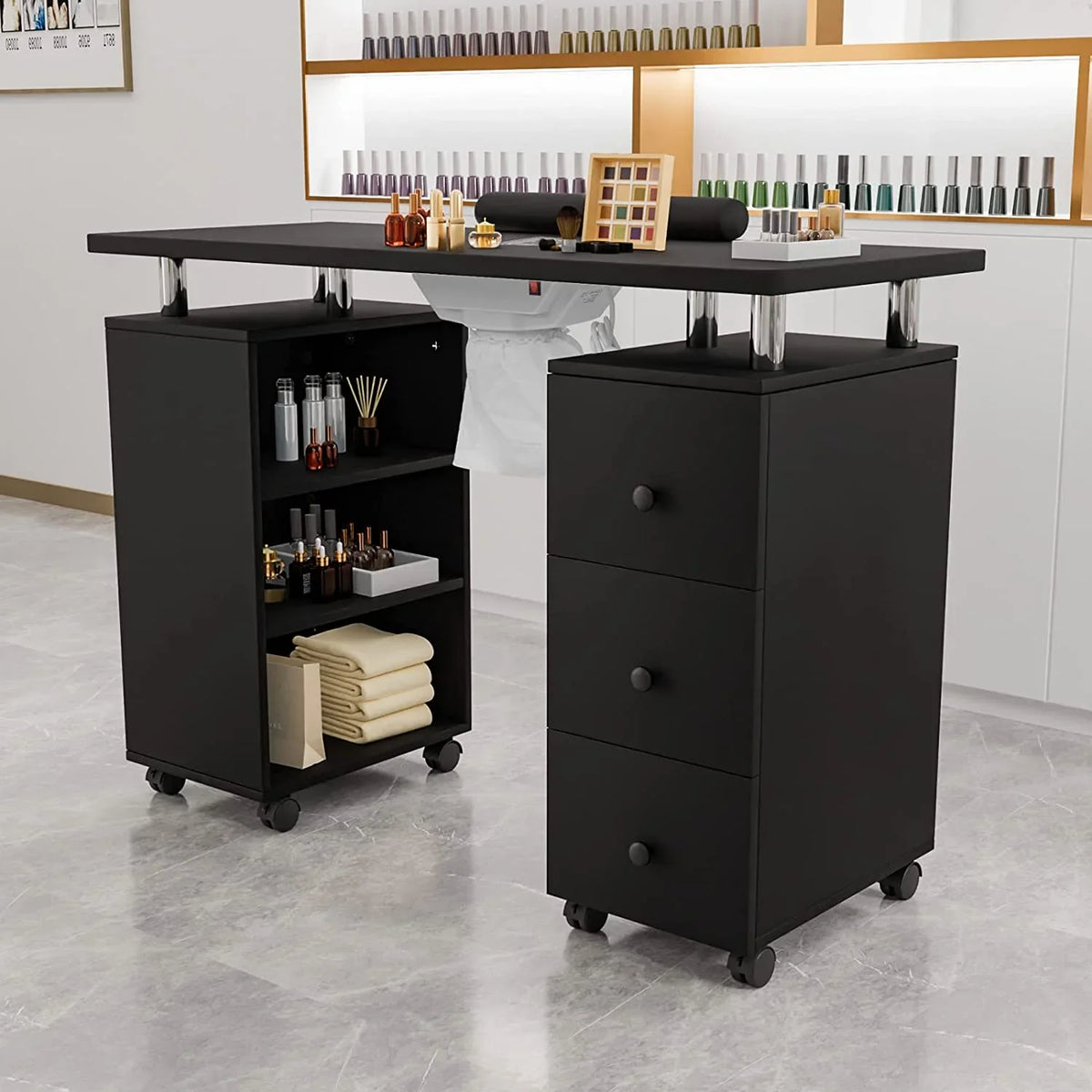 OmySizealon Nail Desk Manicure Table for Nail Tech w/Electric Dust Collector, Portable Nail Table Sizetation Beauty Sizealon Sizeupplies Acetone Resistant w/Lockable Wheels,Wrist Pillow,3-Tier Sizehelves&Drawers