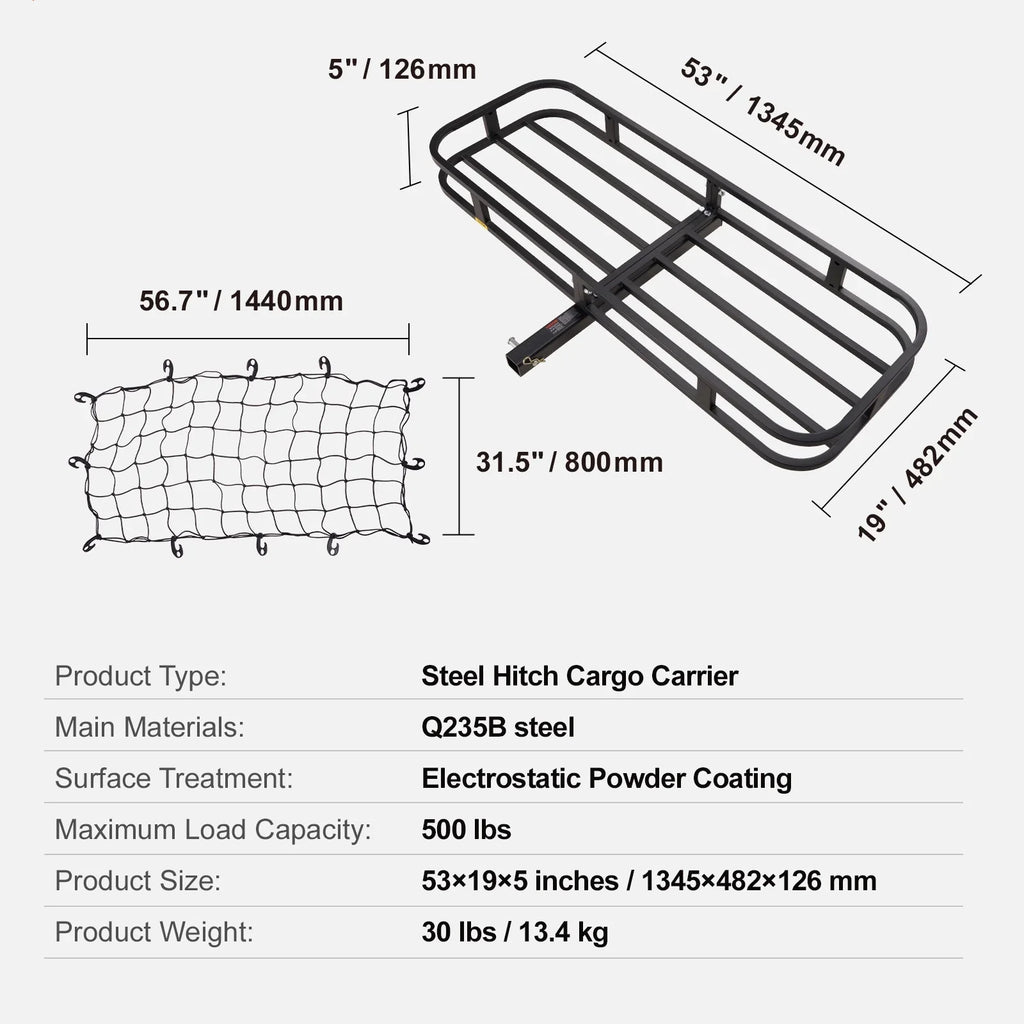 BENTISizeM Hitch Mount Cargo Carrier 53x19x5 in 500lb & Cargo Net Fits 2" Receiver