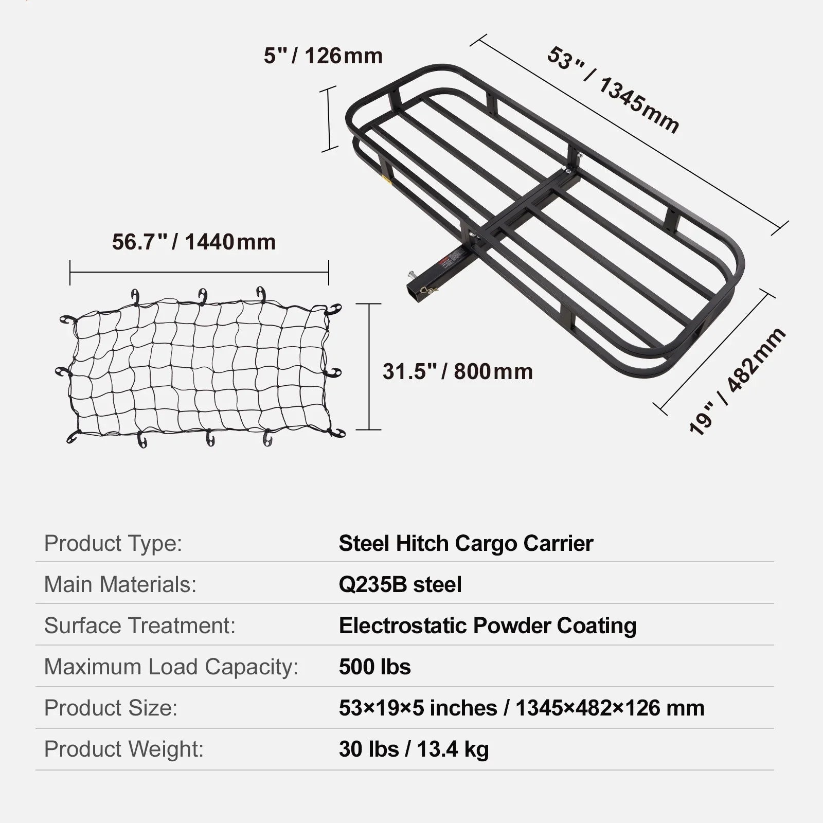 BENTISizeM Hitch Mount Cargo Carrier 53x19x5 in 500lb & Cargo Net Fits 2" Receiver