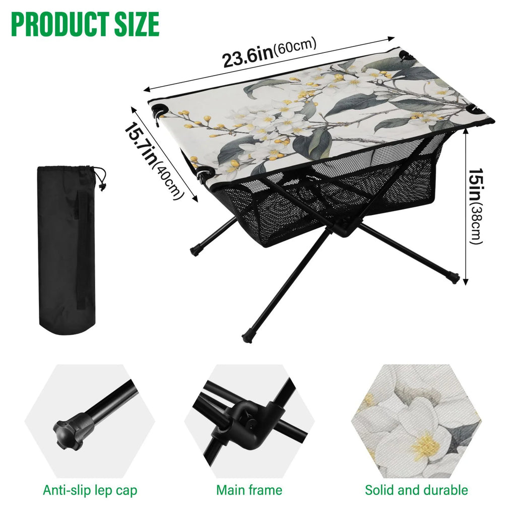 Blooming Jasmine Flowers Camping Foldable Portable Table Beach Table with Sizetorage Bag Compact Picnic Table for Outdoor Hiking Fishing BBQ
