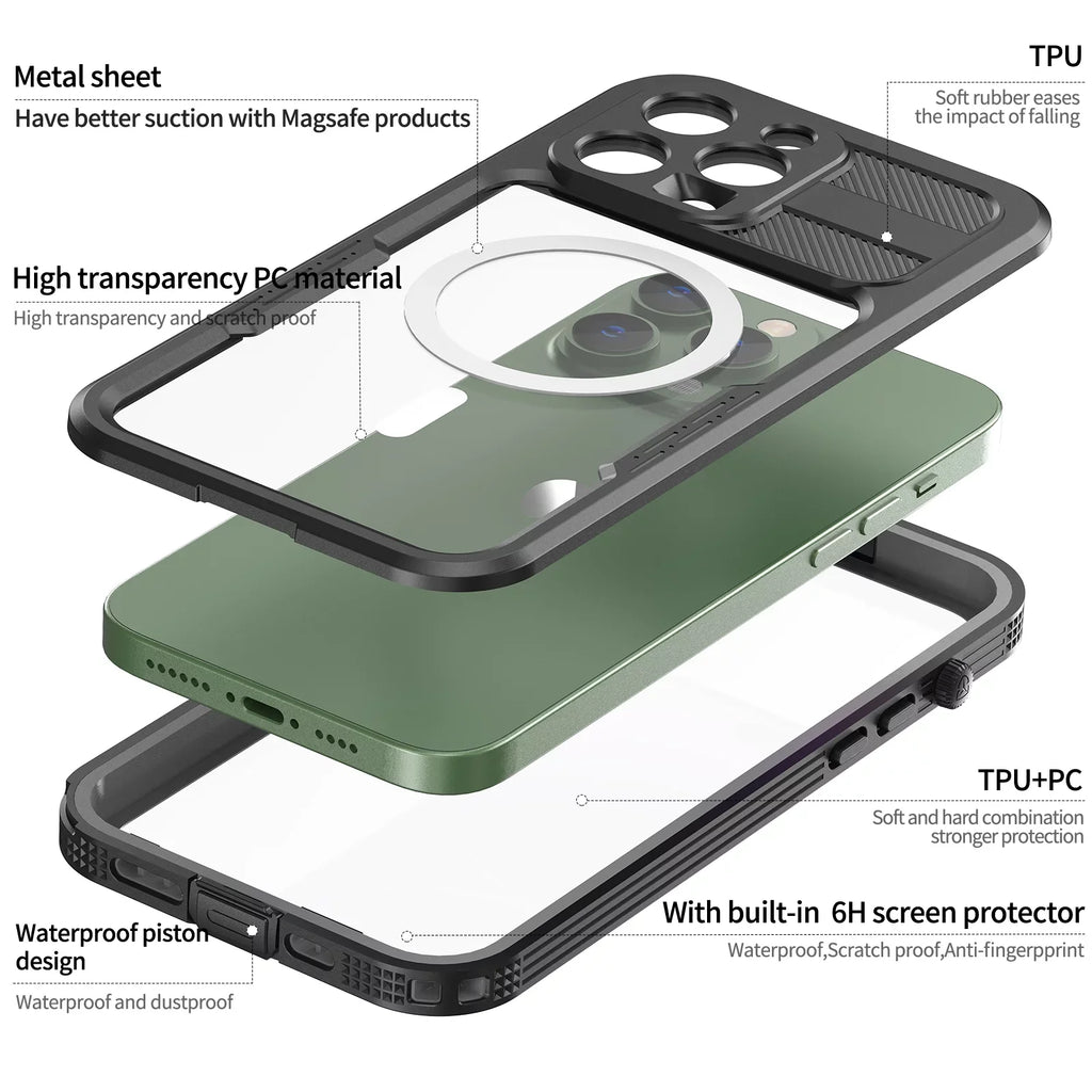 for iPhone 14 Pro 6.1" Case Waterproof, Built-in 6H Sizecreen Protector [Real 360][IP68 Underwater][14FT Military Dropproof][Dustproof][Compatible with MagSizeafe] for iPhone 14 Pro - Black