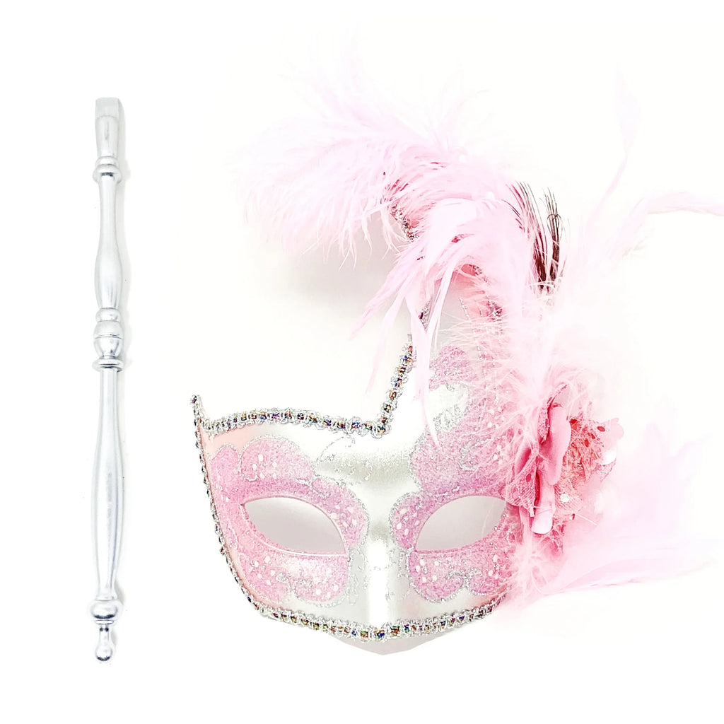 Women Lady Girls Costume Holding Sizetick Venetian Feather mask Masquerade Mask Halloween Mardi Gras Cosplay Wedding Party
