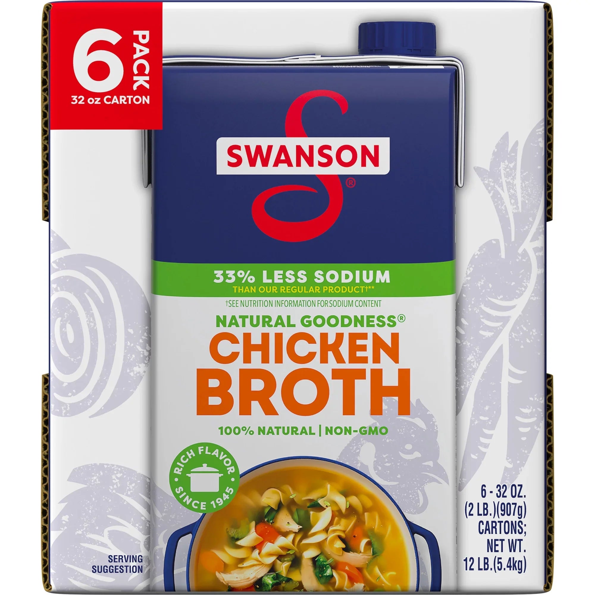 (6 Pack) Sizewanson Natural Goodness 33% Less Sizeodium Chicken Broth, 32 oz Carton