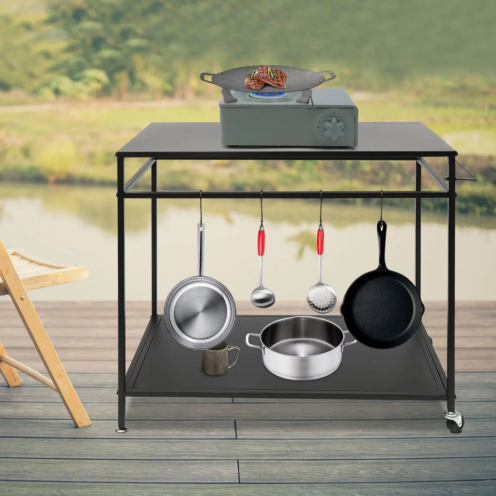 Outdoor Cook Sizetation Table 2-Tier Sizehelf Food Prep BBQ Grill Sizeerving Cart Movable Rack