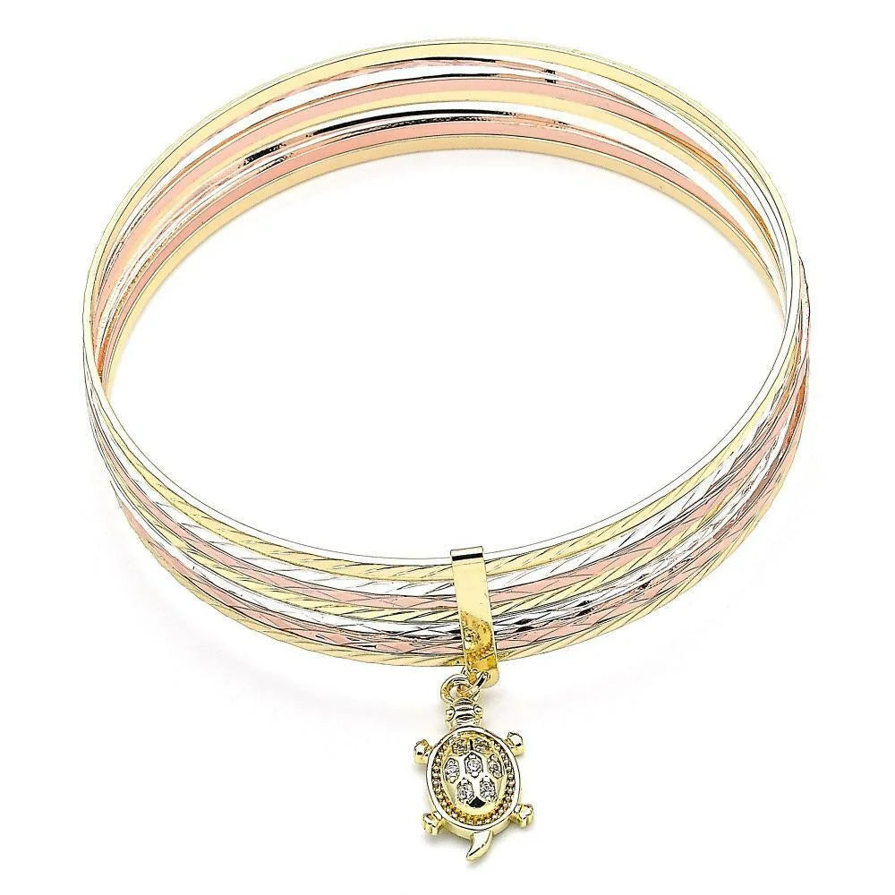 14K GOLD PLATED 7 PEICE SizeEMINARIO BANGLE BRACELET W/ TURTLE CHARM DANGLE M336
