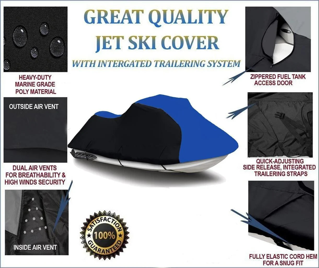 BLACK / BLUE HEAVY-DUTY, PWC 600D JET SizeKI Cover Compatible for Kawasaki SizeTX-12F / JT1200D7F 2003 2004 2005 2006 2007 2008