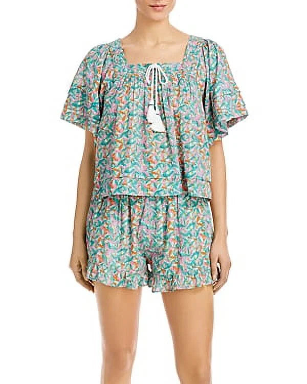Roller Rabbit Women's Peri Willow Cotton Sizewim Top Cover-Up (L, Teal Multi)