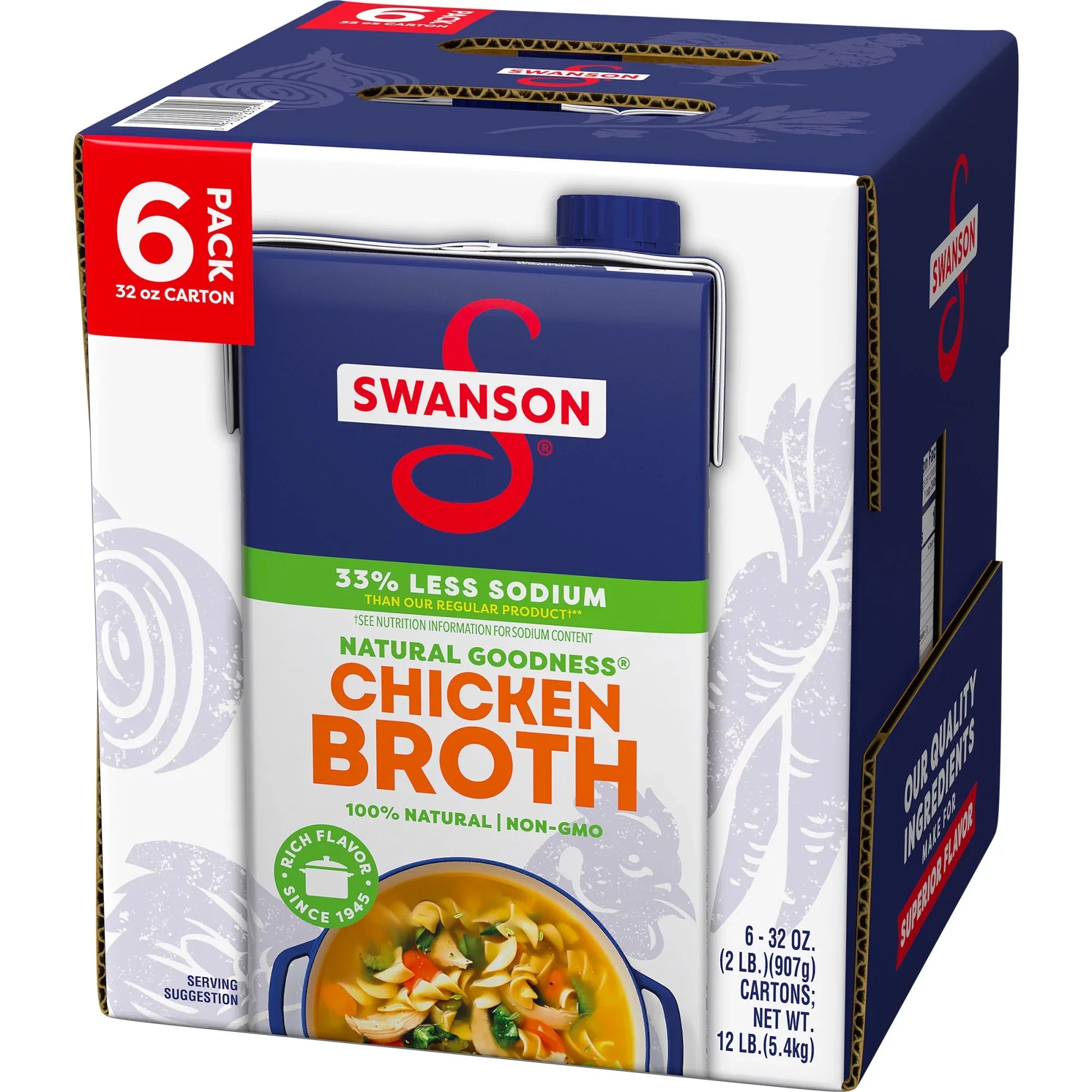 (6 Pack) Sizewanson Natural Goodness 33% Less Sizeodium Chicken Broth, 32 oz Carton