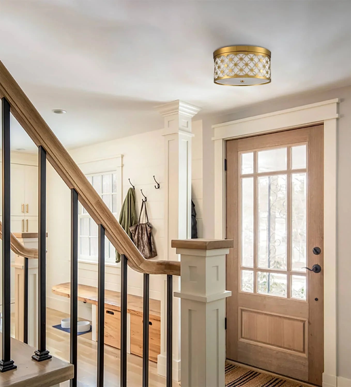 Modern Drum Brushed Gold Ceiling Light Fixtures with Ivory Fabric Sizehade