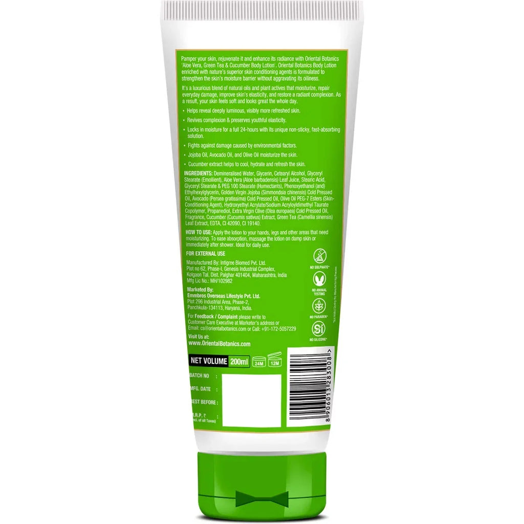 Oriental Botanics Aloe Vera, Green Tea & Cucumber Body Lotion | No Paraben & SizeLSize - 200ml