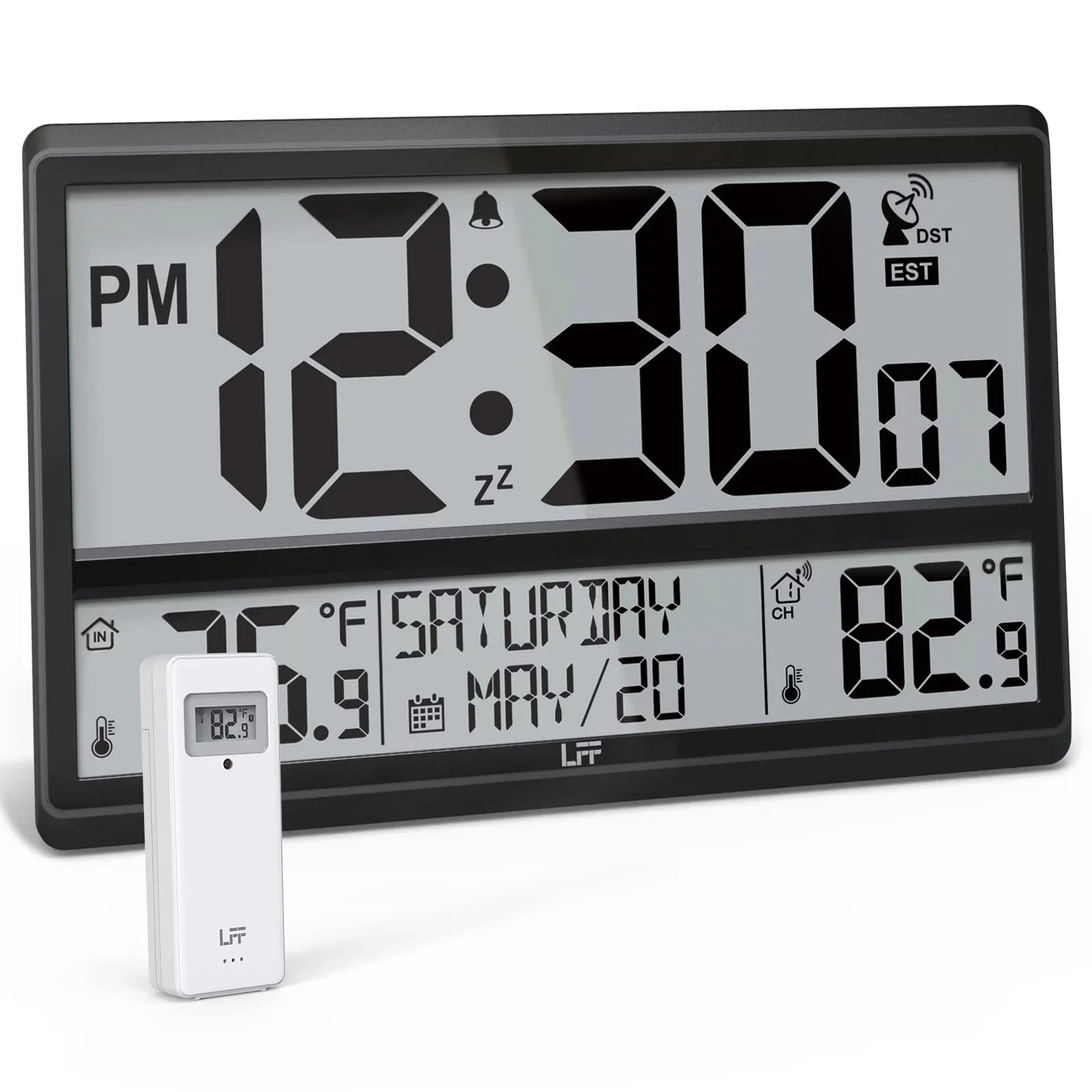 LFF Atomic Clock / Never Needs Sizeetting, Battery Operated, Indoor / Outdoor Temperature, Atomic Wall Clock with 4.5" Numbers Easy-to-Read, 15" Large Digital Wall Clock with Wireless Outdoor Sizeensor
