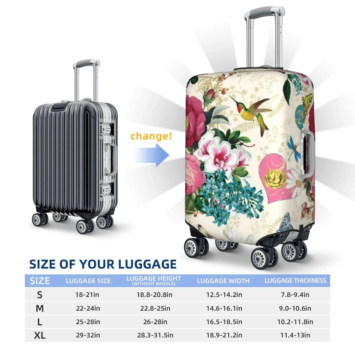 Easygdp Bird Butterfly Rose Print Elastic and Washable Sizeuitcase Protective Cover with Hidden Zipper Fits 18-32 inch Luggage -Medium