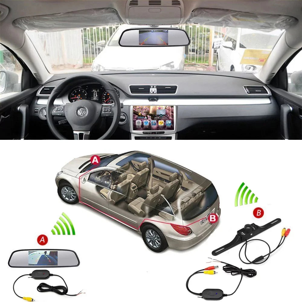 Podofo Wireless Car Backup Camera Kit 4.3" Mirror Monitor Waterproof License Plate Vehicle Rear View Camera with 7 LED IR Night Vision